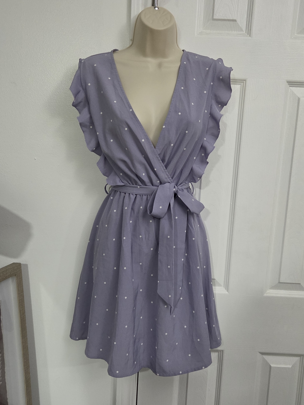 SHEIN Lavender Polka Dot Wrap Mini Dress with Tie Belt